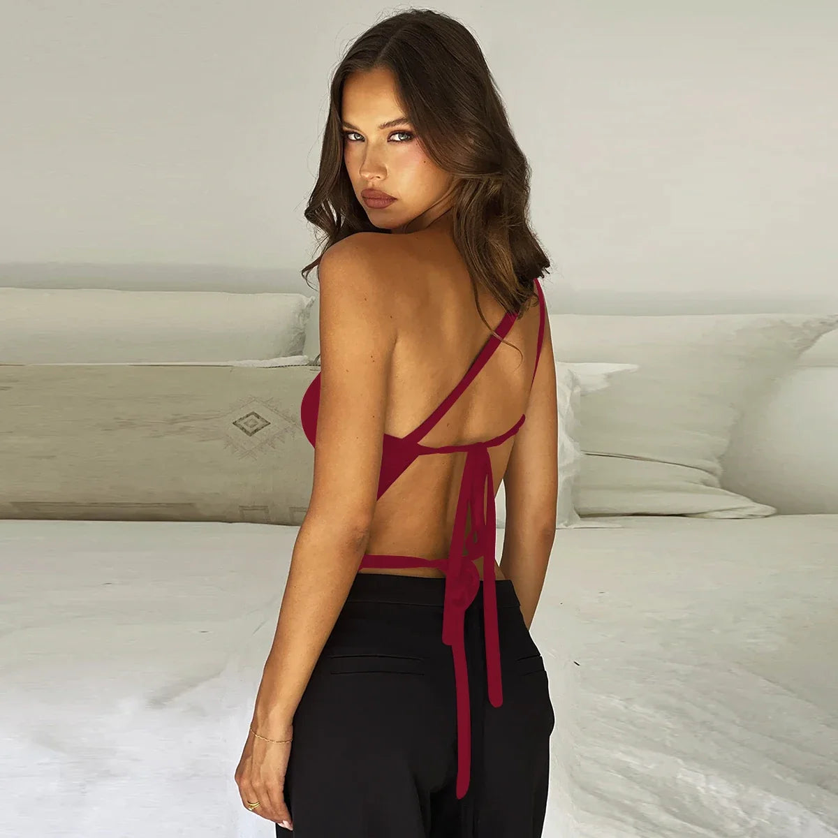 One Shoulder Lace Up Mesh Sheer Top