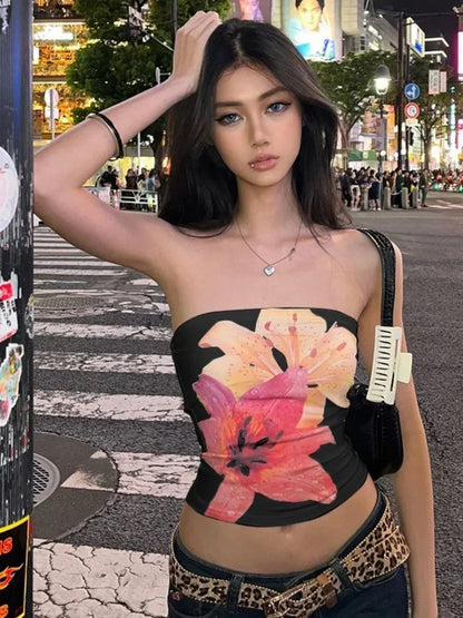 Sexy Floral Print Bustier Short Strapless Top One-Piece Sleeveless Slim-Fit Fashion Tops For Women Casual Neckless Y2k Bra Top