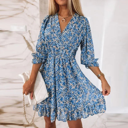 Ditsy Floral V-Neck Smocked Waist Ruffle Hem Mini Dress