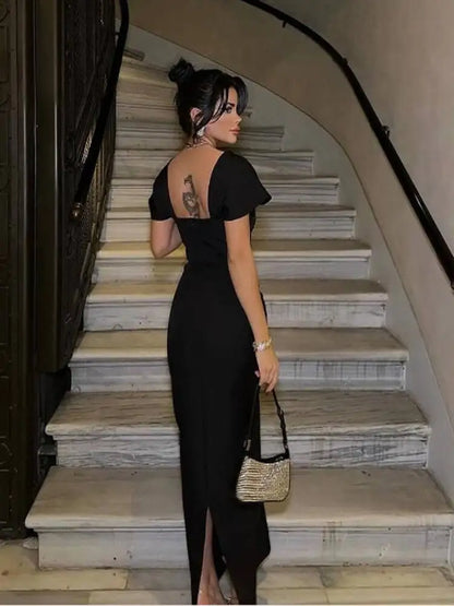Rhinestone Square Neck Cap Sleeve Bandage Maxi Dress