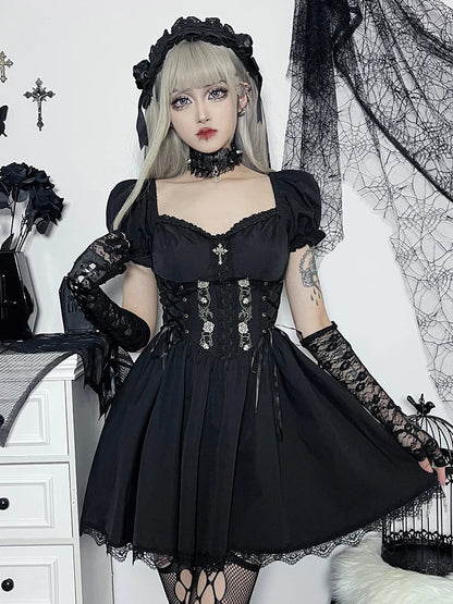 Gothic Lolita Lace Up Corset Embroidery Puff Sleeve Lace Hem Mini Dress