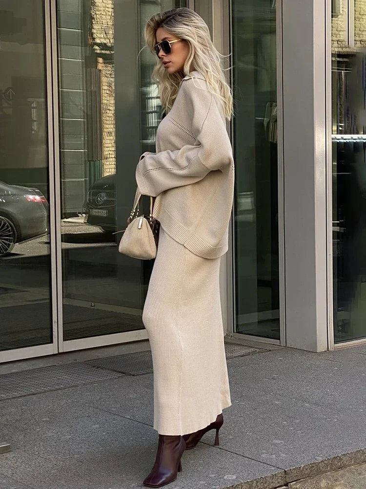 Solid Loose Sweater Suit Female Fashion V-Neck Knit Pollover Top Long Skirt High Waist Autumn Winter Skirt 2 Piece Set