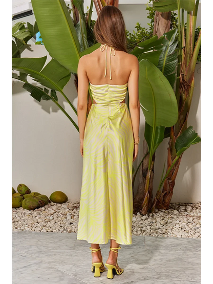 Floral Print Halter Ring Neck Side Waist Cutout Column Midi Dress