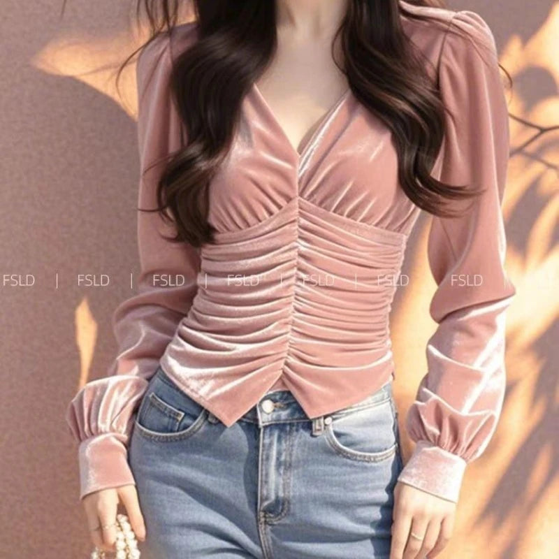 Velvet Long Sleeve T Shirt Women V Neck Casual Lady Tee Youth Elegant Luxury Top Basic Blouse Fashion New
