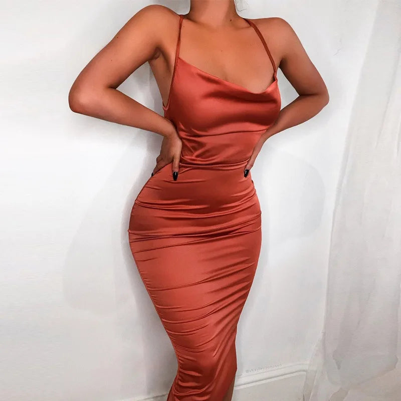 Cowl Neck Spaghetti Strap Side Ruched Satin Bodycon Midi Dress