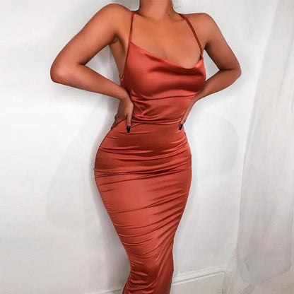 Cowl Neck Spaghetti Strap Side Ruched Satin Bodycon Midi Dress