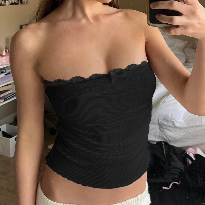 Pink Lace Folds Bow Coquette Strapless