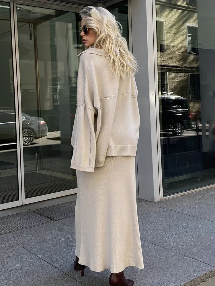 Solid Loose Sweater Suit Female Fashion V-Neck Knit Pollover Top Long Skirt High Waist Autumn Winter Skirt 2 Piece Set