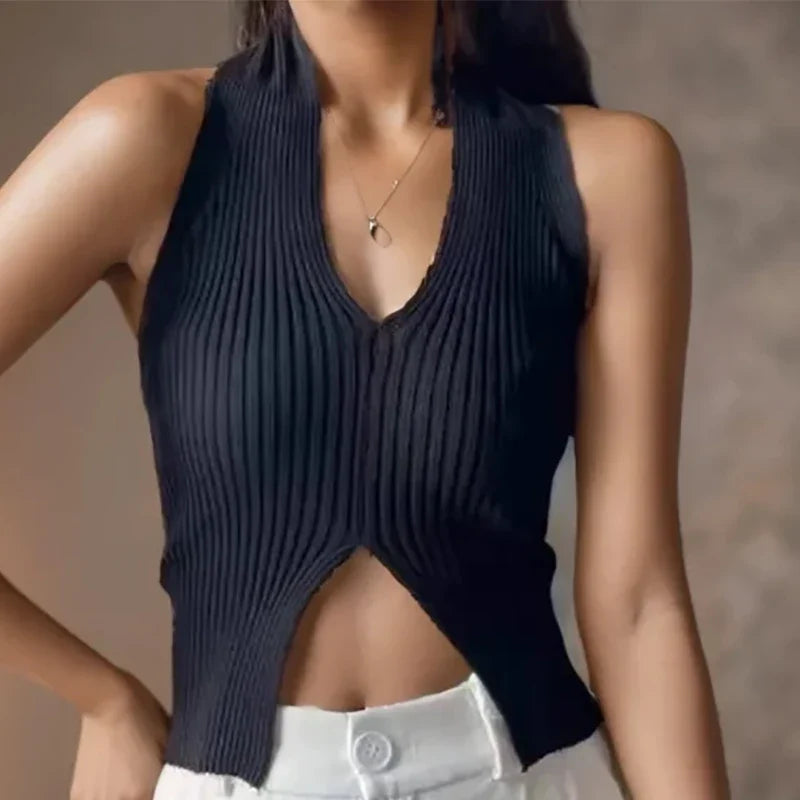 Ribbed Chic Knit Elastic Halter Cami Top