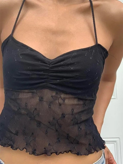 Flower Mesh Patchwork Fairycore Retro Halter Y2K Aesthetics Backless Summer Boho Beach Tank Crop Top