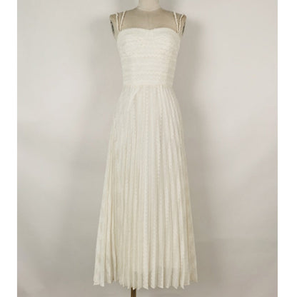 Cold Shoulder Frayed Strap Textured Pleated Corset Bodice Maxi Dress