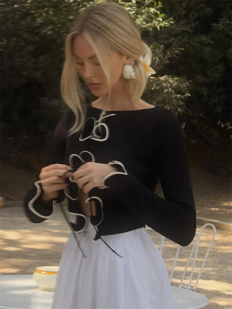 Ruffled Knit Sweater Cardigan Female Lace-Up Patchwork Long Sleeve Cropped Top Coat Streetwear Autumn Women’s Knitwear Top
