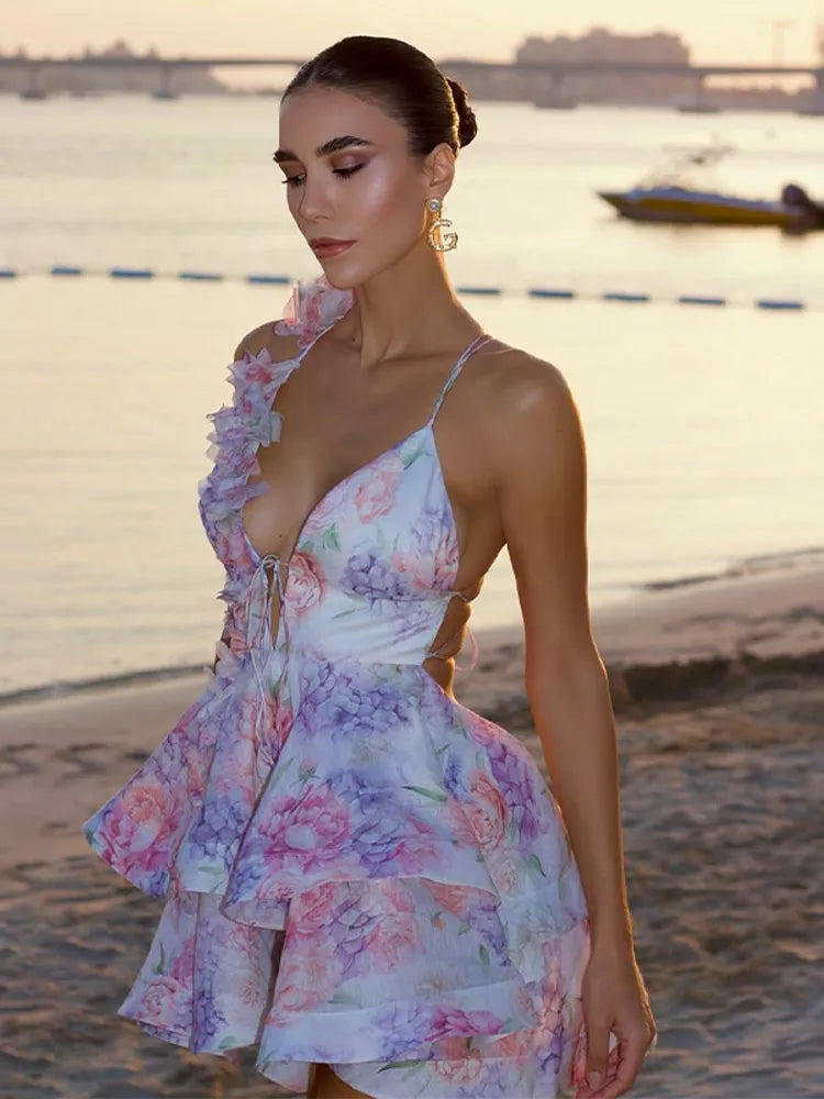 Patchwork Floral Mesh V Neck Mini Dress