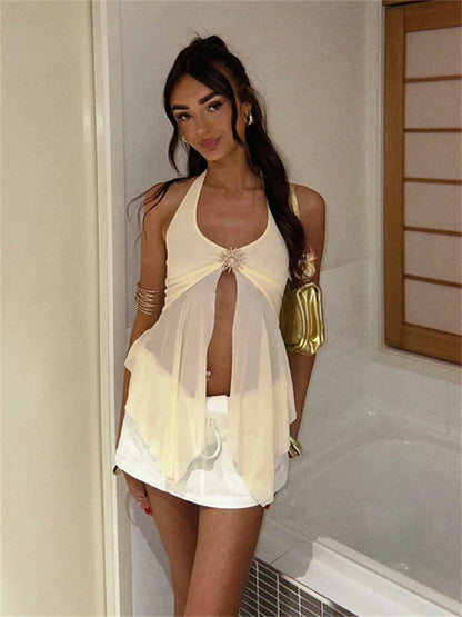 Tie-Back Patchwork Mesh Tank Sheer Top