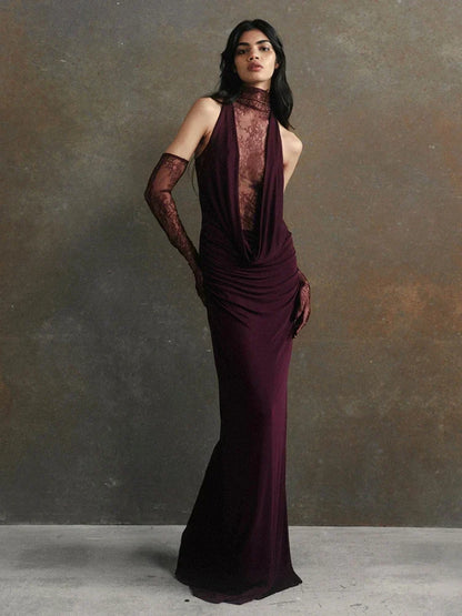Mock Neck Lace Panel Cowl Plunge Ruched Draped Lace Glove Maxi Gown