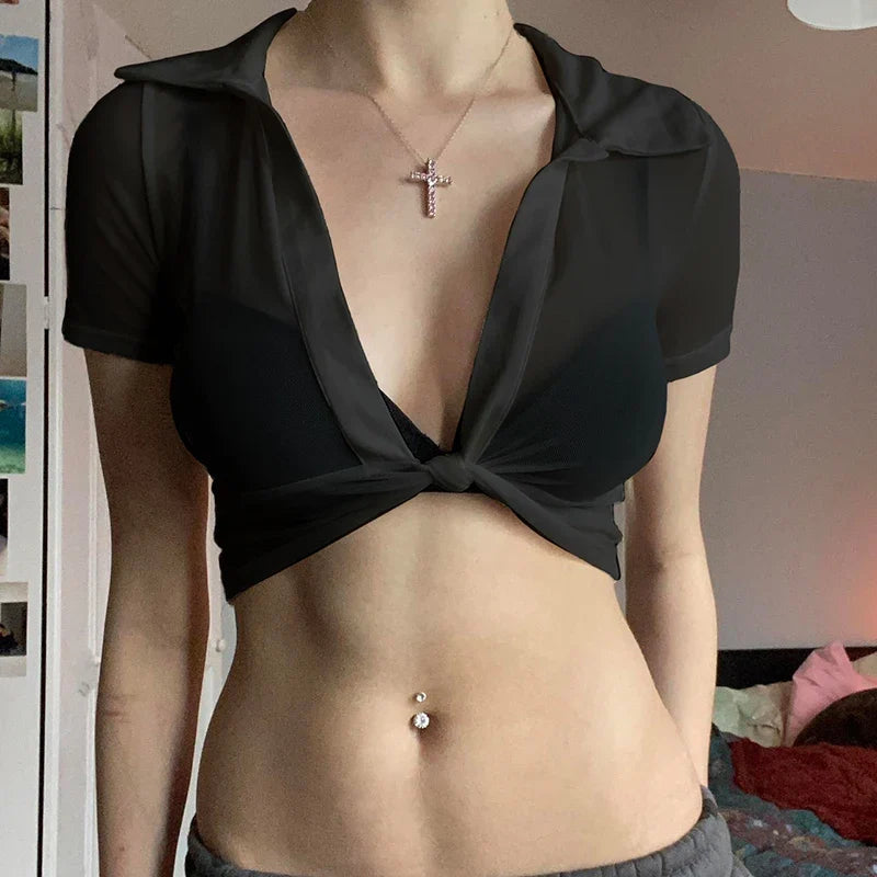 Transparent Mesh Short Sleeve Sheer Top