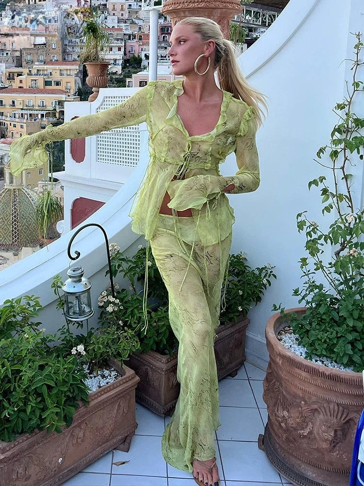 Y2K Mesh Green Bodycon Maxi Dress