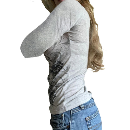 y2k Fairy Grunge Tops Gothic Aesthetic Floral Print V Neck Long Sleeve T Shirt Women Clothes Basic Sweats Streetwear