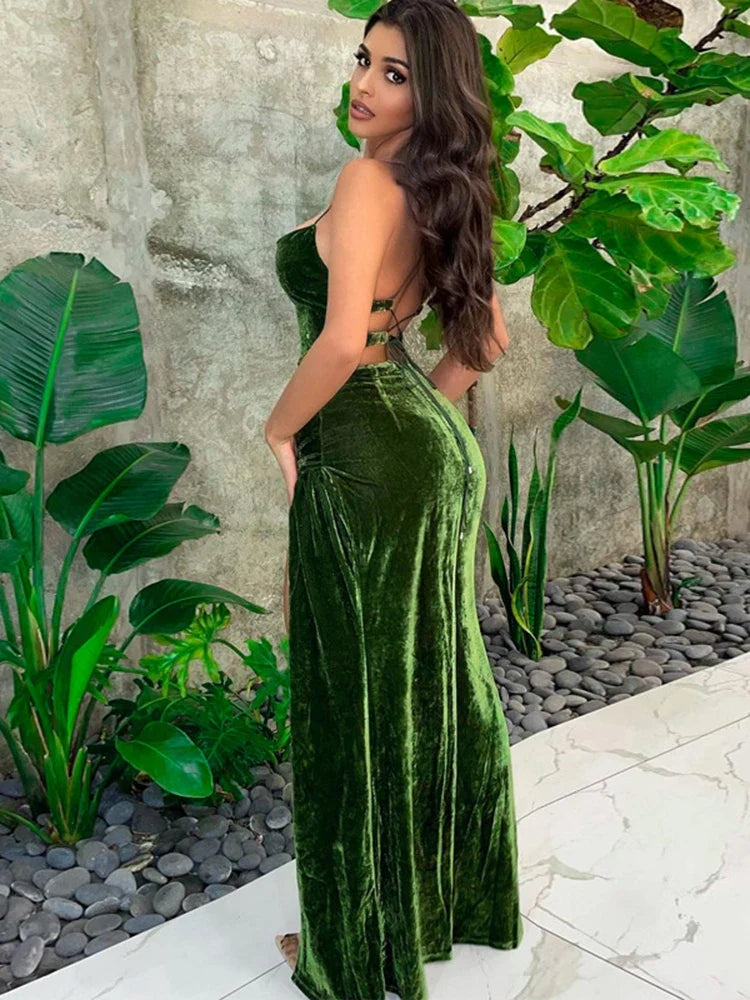 Green Velvet Strap Side Slit Backless Slip Dress