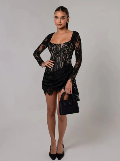 Square Neck Lace Corset Long Sleeve Ruched Scalloped Hem Mini Dress