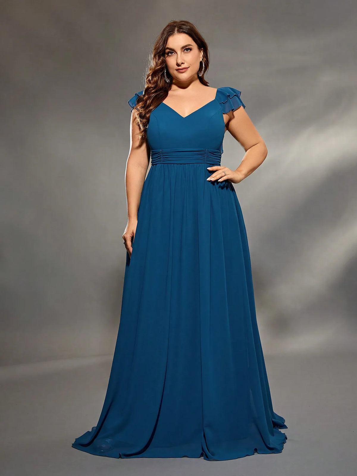 plus size V-neck double layer lotus sleeve chiffon full skirt Evening gown Ball dress Party dress Bridesmaid dress