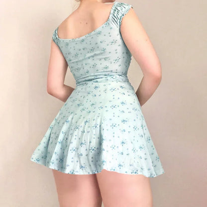 Off Shoulder Lace Trim Bow Detail Ditsy Floral Ruched Mini Dress