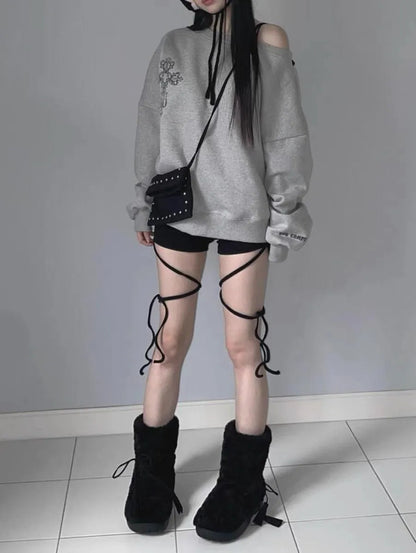 Dark Off Shoulder Pullover Hoodie