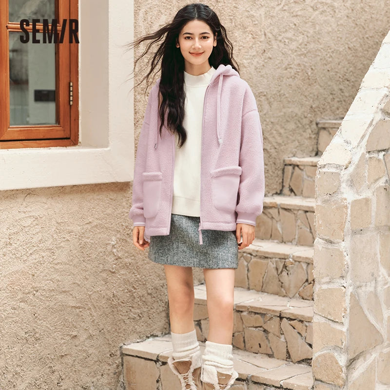 Coat Women Imitation Lamb Wool Polar Fleece Double-Sided Wear Loose New Winter Contrast Color Simple Hooded Jacket