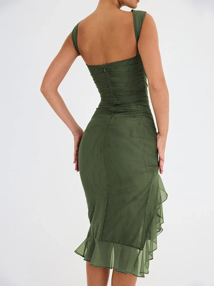 Elegant Ruffle Ruched Backless Midi Dress