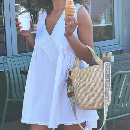 Lace Trim V Neck Flowy A-Line Mini Dress