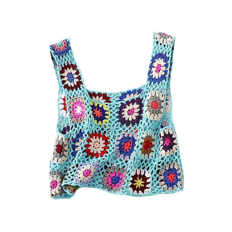 Knitted Crochet Crop Top 2000s Women Floral Embroidery Hollow Out Sleeveless Tshirt Vest y2k Beach Clothes Streetwear