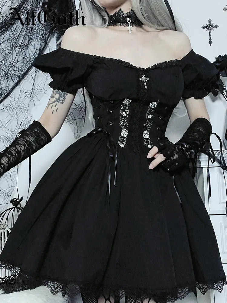 Gothic Lolita Lace Up Corset Embroidery Puff Sleeve Lace Hem Mini Dress