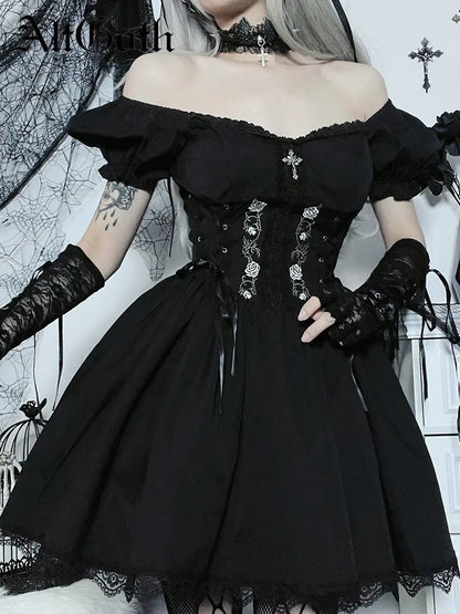 Gothic Lolita Lace Up Corset Embroidery Puff Sleeve Lace Hem Mini Dress