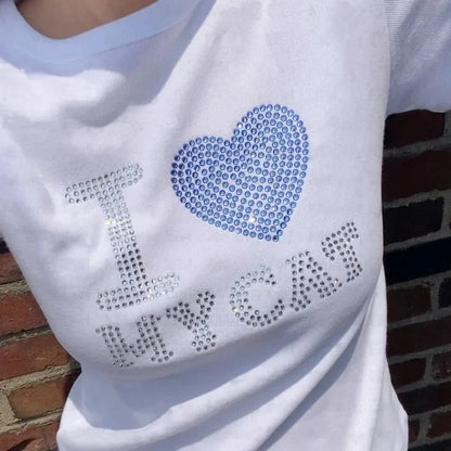 Summer European and American style short sleeved T-shirt with letter hot diamond top, t-shirt with slim fit inside for women