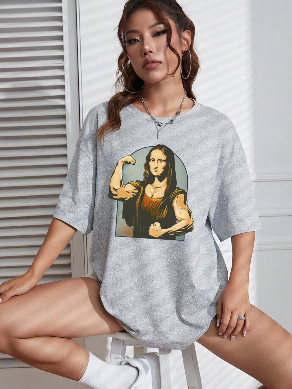 Playing Pranks On Mona Lisa Fitness Print Womens T Shirt Oversized Casual T-Shirt Casual Short Sleeve Cotton Loose Tshirt