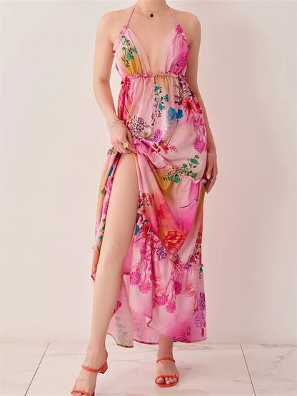 Floral Print Halter Deep V-Neck Tiered Ruffle Trim Maxi Dress