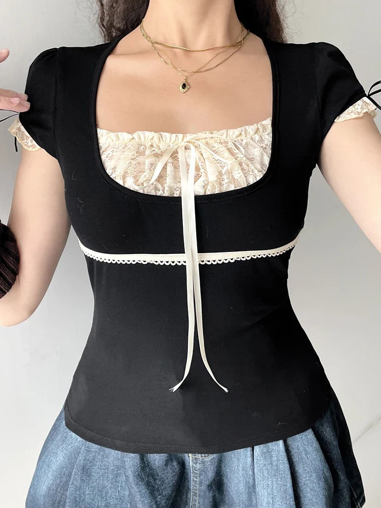 Contrast Lace Patchwork Y2K Black Crop Top