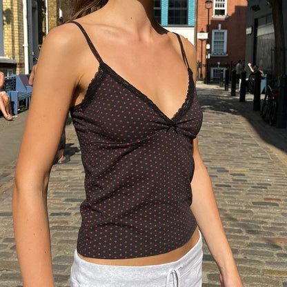 Lace Trim Polka Dot Sleeveless V Neck Cami Top