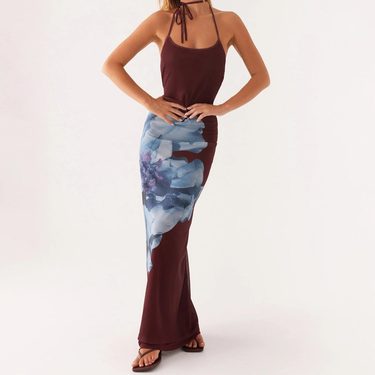 Sleeveless Lace-up Open Back Floral Print Slip Dress