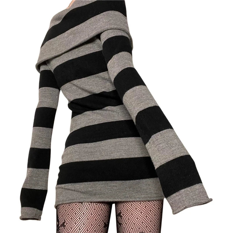 Goth Dresses Punk Gothic Witchy Dark Academia Women Off Shoulder Knitted Dress y2k Fairy Grunge Dresses Halloween Wear
