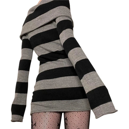 Goth Dresses Punk Gothic Witchy Dark Academia Women Off Shoulder Knitted Dress y2k Fairy Grunge Dresses Halloween Wear