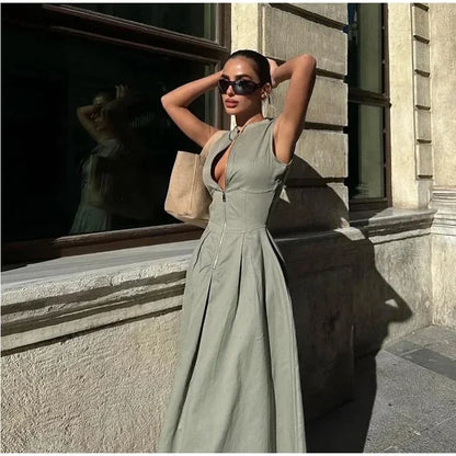 Sleeveless Spliced Zipper V-Neck Pleated Work Dress