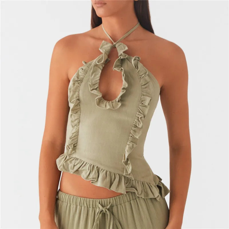 Ruffle Frill Cute Y2K Front Cut-out Backless Cami Top