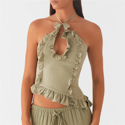Ruffle Frill Cute Y2K Front Cut-out Backless Cami Top