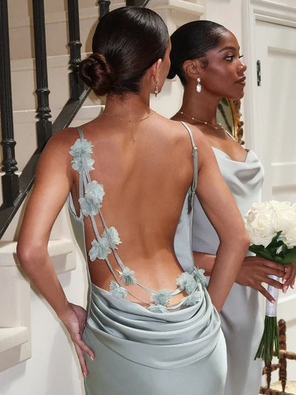Satin Floral Applique Cowl Back Spaghetti Strap Maxi Gown