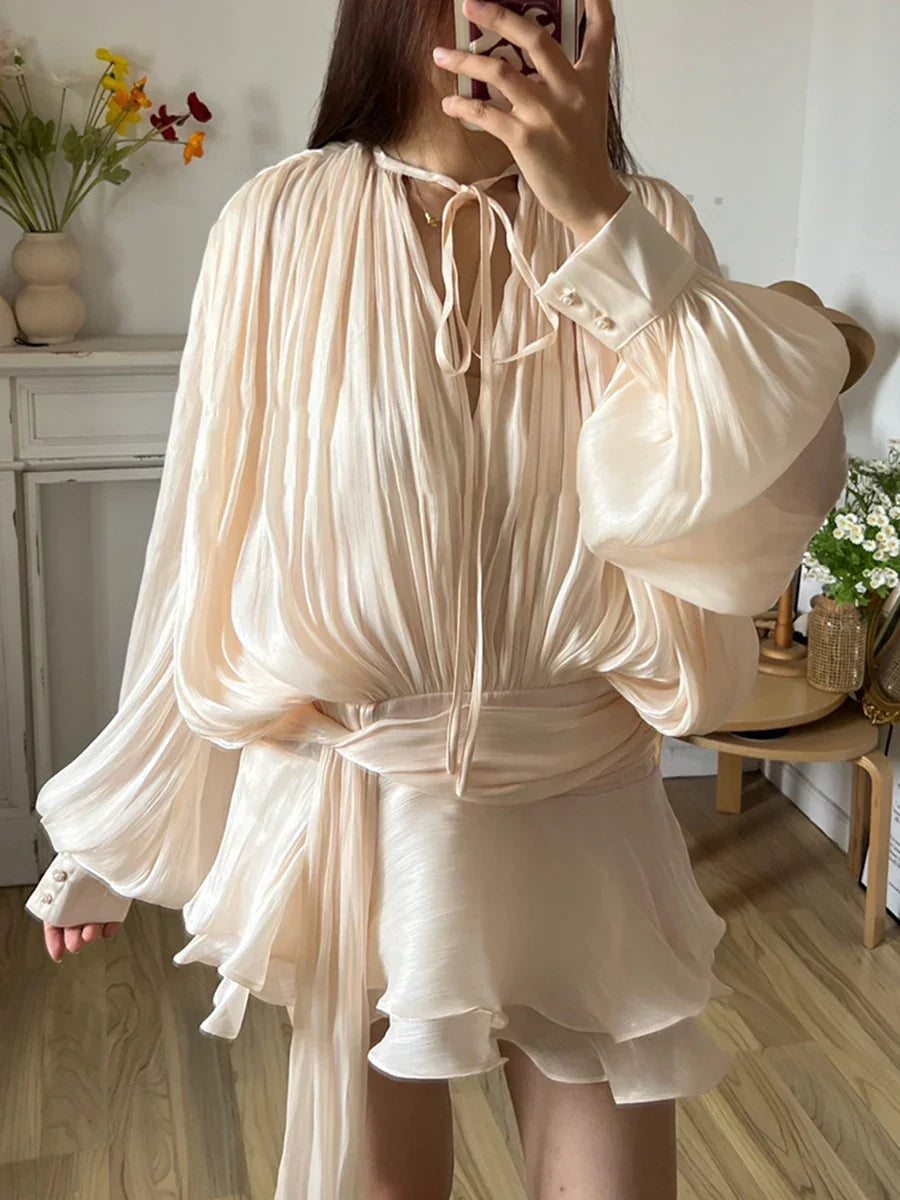 Pleated Satin Tie Neck Balloon Sleeve Blouse Tiered Mini Skirt Two Piece Set