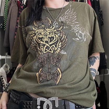Gothic Punk T Shirt 2000s Women Graphic Print Round Neck Short Sleeve Tees Grungecore Clothing Cyber y2k Top Streetwear