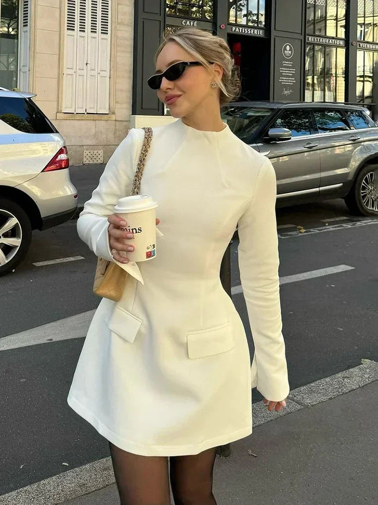 Elegant Long Sleeve Slim Mini Dress For Women A-Line High Waist Two Pockets Solid Autumn Winter New Party Dress Female