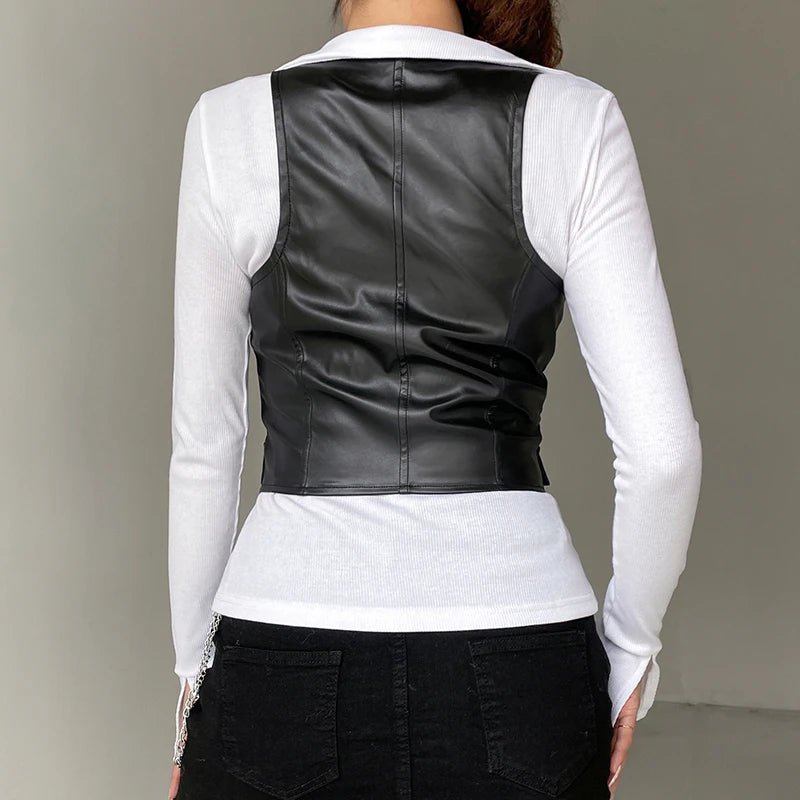 y2k PU Leather Vest Vintage Aesthetic Women V Neck Sleeveless Button Tank Tops 2000s Dark Academia Tshirt Waistcoat