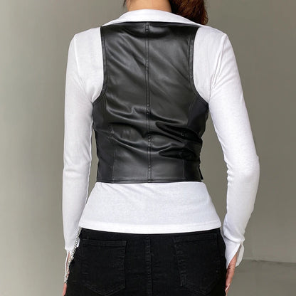 y2k PU Leather Vest Vintage Aesthetic Women V Neck Sleeveless Button Tank Tops 2000s Dark Academia Tshirt Waistcoat